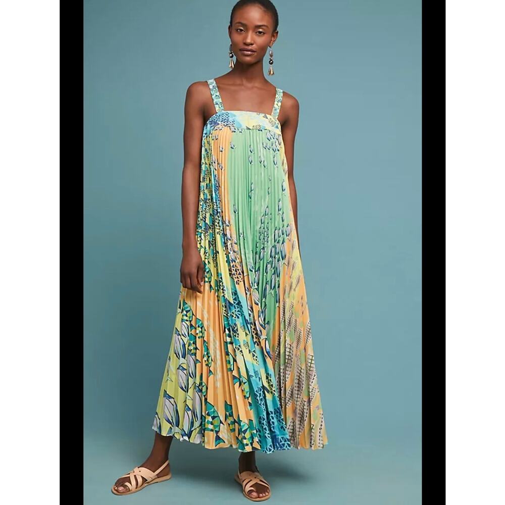 Anthropologie Geisha Designs Pleated Fish Maxi Dress M Whimsical Tropical Boho‎
